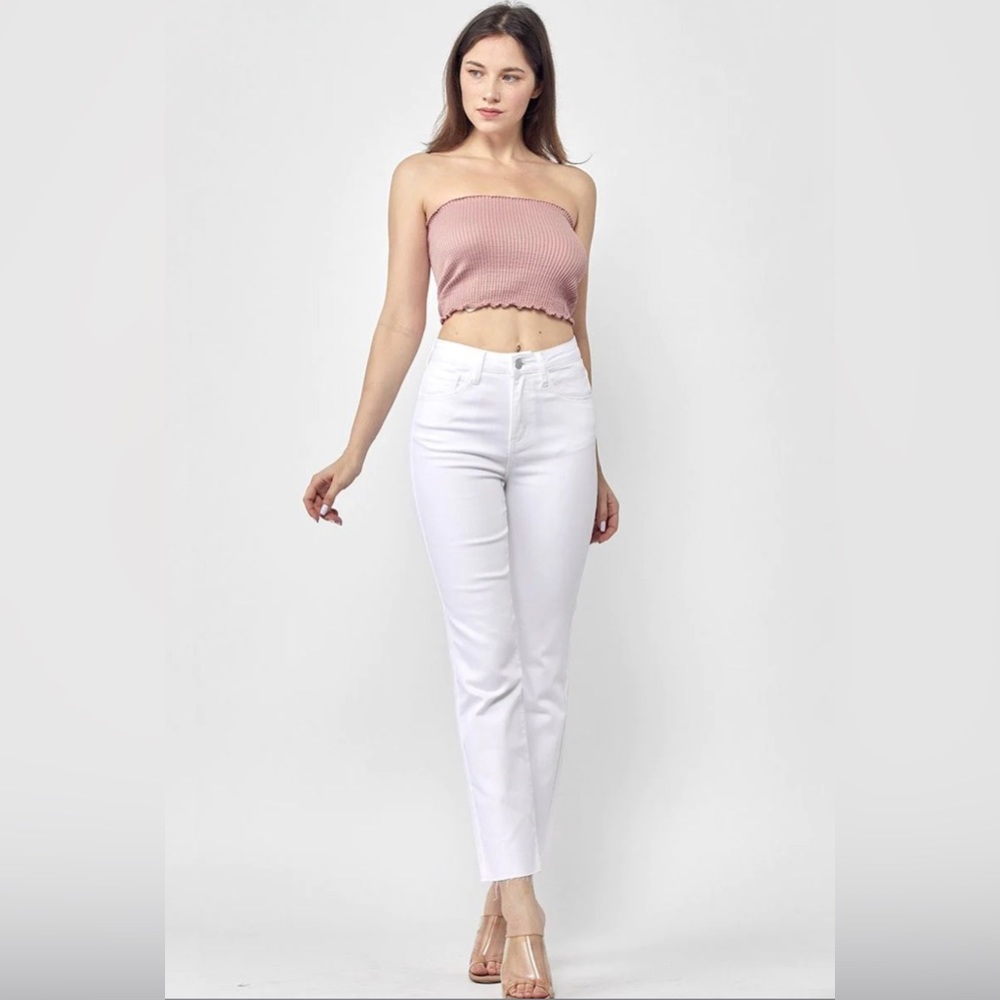 NWT Risen high rise, raw hem, straight leg white jeans, size 29/9